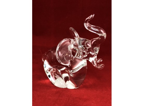 Clear Glass Elephant #2 With Bent Trunk And Two Tusks Figurine