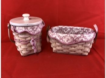 Longaberger Handwoven Basket With Wood Top And Matching Basket, Breast Cancer Awareness