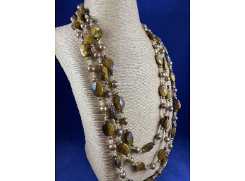 Triple Strand, Faceted Tigers Eye And Bronze Pearl, Bead Necklace, Gold Over Sterling Silver Clasp, 24'