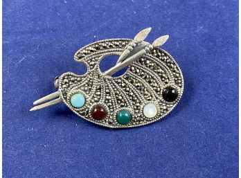 Sterling Silver And Marcasite Artist Pin With Semi-precious Stones