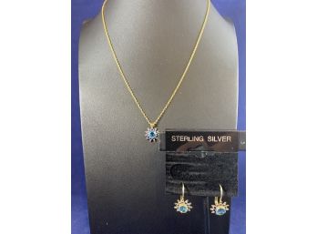 Gold Over Sterling Silver Blue Topaz? Sunburst Pendant With Matching Earrings, 18'