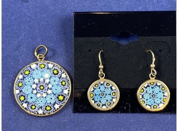 Gold Over Sterling Silver Hand Made Murano Glass Earrings And Matching Pendant