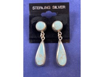 Sterling Silver And Turquoise Tear Drop Earrings, Mexico