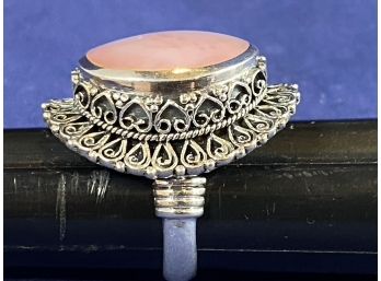 Sterling Silver & Rose Quartz Cabachon Ring With Stunning Filigree, Size 8
