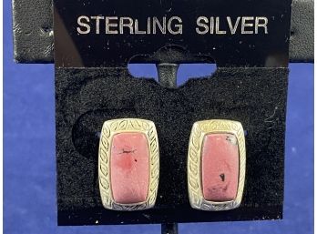 Sterling Silver Earrings With Burgandy Stone