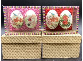 Two Sets Of Vintage Hand Painted Eggs In Glass Case With Original Box