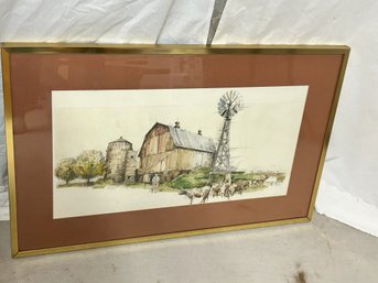 Signed Artist - Cow Barn & Silo Large Water Color Painting