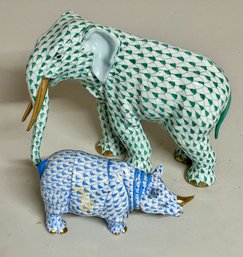 Herend Porcelain Lot - Green Elephant & Blue Rhinoceros