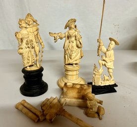 Antique Collection Of Carved Bone Ivory Figures - Asian Fisherman, Victorian Woman & Couple