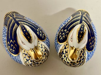 Pair Of Vintage Royal Crown Derby Porcelain Ducks Gold Stopper Paperweights