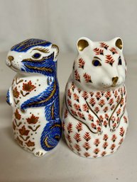 Pair Of Vintage Royal Crown Derby Porcelain Gold Stopper Paperweights - Chipmunk & Hamster - So Cute!