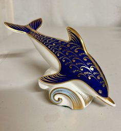 Vintage Royal Crown Derby Porcelain Gold Stopper Paperweight - Dolphin