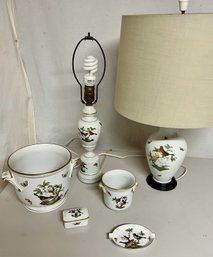 Large Herend Rothschild Porcelain Lot - Bird & Insect - Two Lamps, Two Cachepot Planters, Trinket Tray & Box