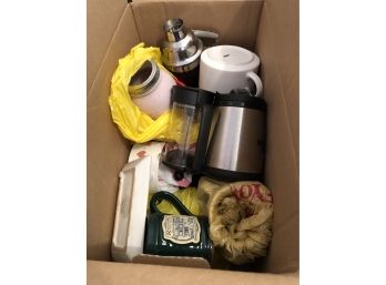 Box Of Misc Kitchenwares - Coffee Cups, French Press, Bar Mixer, Soup Cups Etc