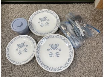Corelle Blue Heart Plates W/ Blue Silverware - 16 Large Plates/ 5 Small