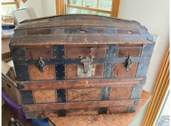 Large Antique Wooden Leather Covered Pirate Type Saddleback Chest