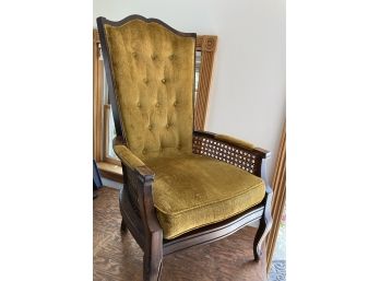 MCM High Back Ottoman Chair With Cool Burn Gold Fabric And Caning On The Sides