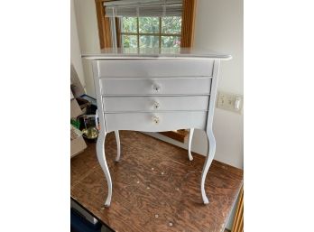 Wooden White Painted End Table With 3 Drawers And Opening Top And Cool Glass French Drawer Pulls.