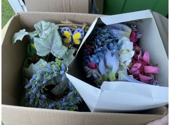 Box Of Faux Floral Wreaths & Flowers
