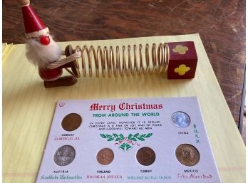 Christmas - Collection Of A 1960s Wooden And Metal Spring Card Holder And A Collection Of World Coins On Card