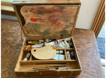 Painters Box - Vintage Wooden Box With Assorted Brushes, Paints And Sketchbooks Closes With Brass Latches