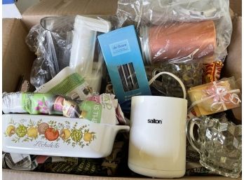 Box Of Unsorted Kitchen Items - Cookie Presses, Casserole Dishes, Glasses