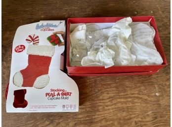 Small Box Of New Christmas Ornaments & Pull Apart Stocking Cupcake Mold & Tray