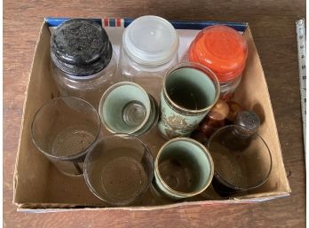 Box Of Tumblers, Covered Jars And Salt Shakers