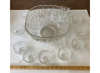 Glassware Punch Bowl Set - 11 Pieces Total With 10 Cups Which Hang By Their Handles From The Side Of The Bowl.