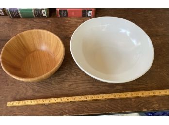 2 Large Bowls - One Wooden And Is 10 Across And The Other Is Plastic And Is 15 Across
