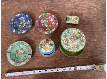 Chinese Cloisonn - Vintage Collection Of 6 Pieces - 2 Trinket Holders, Matchbox Cover And 3 Ashtrays.
