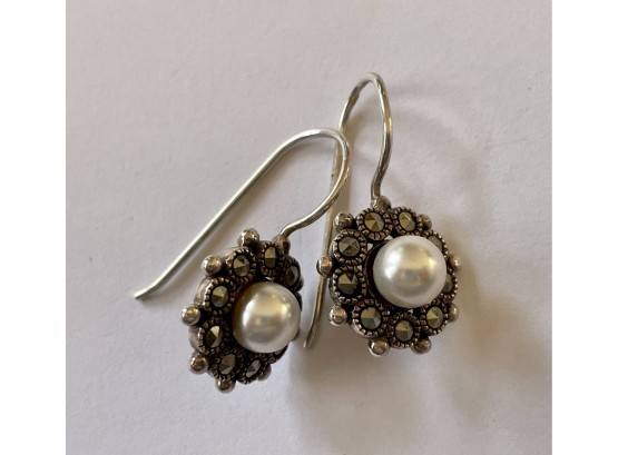 925 Sterling Silver Thailand Pearl Marcasite Earrings