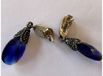 Marcasite 925 Sterling Silver Blue Glass Earrings