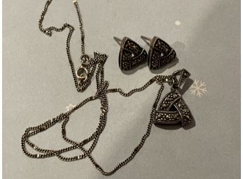 Marcasite 925 Sterling Silver Knot Earrings And Necklace