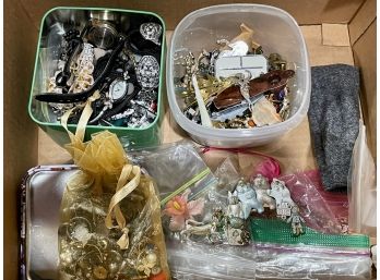 Box Of Vintage And Modern Unsorted Jewelry - Some Pins Watches