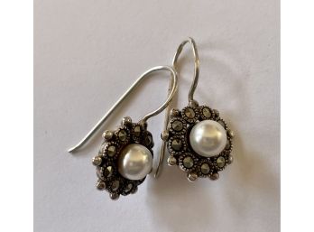 925 Sterling Silver Thailand Pearl Marcasite Earrings