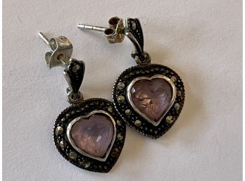 925 Sterling Silver Amethyst Marcasite Heart Earrings