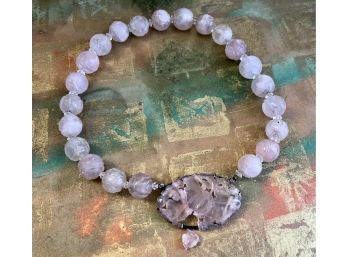 Vintage Art Deco Lalique Pink Glass Etched Frosted Crystal Bead Sterling Necklace - Damaged (See Pictures)