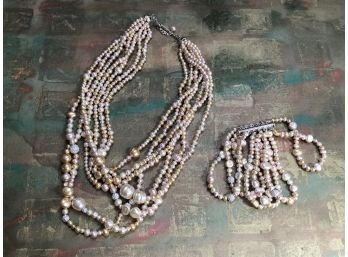 Stunning Sterling Silver 925 Faux Stranded Pink Pearl Necklace And Bracelet Set - Will Ship!