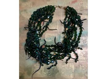 Stranded Necklace W/ Glass Emerald Beads & Leather Pieces - Will Ship!