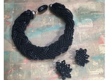 Vintage Chunky Black Bead Necklace And Clip-On Earring Set - Will Ship!