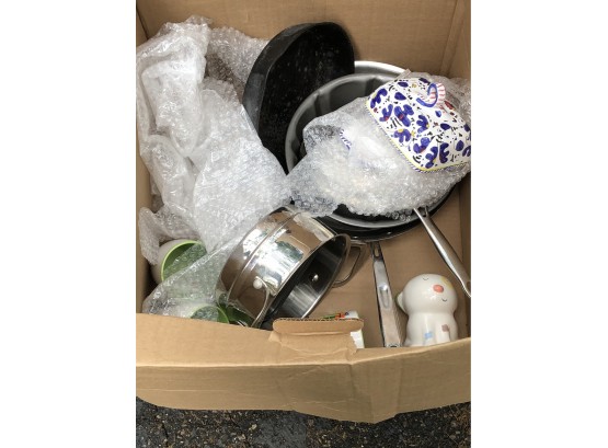 Misc Box Of Kitchenwares Pots