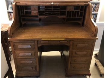 Antique Wood Roll-Top Desk W/ Chair