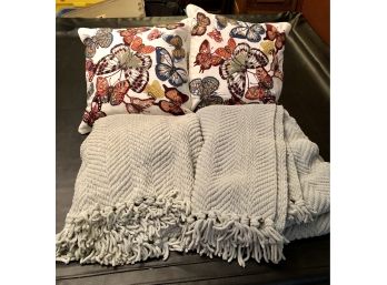 Pottery Barn Butterfly Throw Pillows And Set Of Soft Gray Chenille Blankets