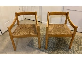 Set Of Solid Wood Low Back Chairs With Weaved Wicker Seats - Excellent Condition