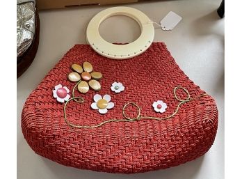 Andrea Stuart Coral Colored Handbag Beach Bag W/ Flowers
