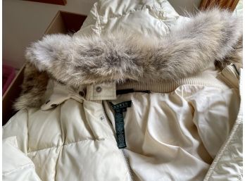 Ralph Lauren Full Length Women's Off White Down Puffer Jacket W/ Real Fur Trim - Size XL