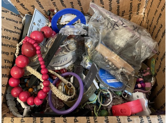 Priority Box Filled With Costume Jewelry - Lots Of Watches, Cat Jewelry, Shells - Unsorted! Lots Of Treasures