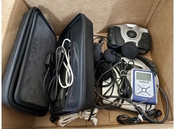 Box Of Misc Electronics - Camera, Zune, SanDisk, Head Phones