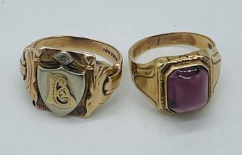 Pair Men's 10K Gold Rings L Monogram Diamond Purple Amethyst Stone Size 9.5 & 10 Weighs 11 Grams Total